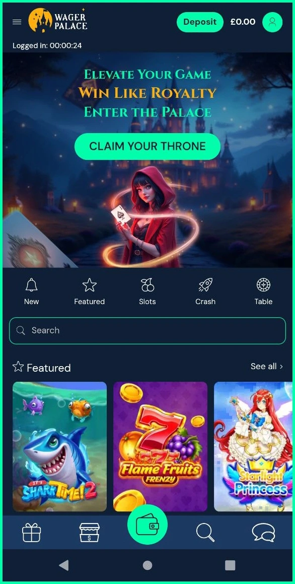 Optimised mobile version of the WagerPalace Casino website