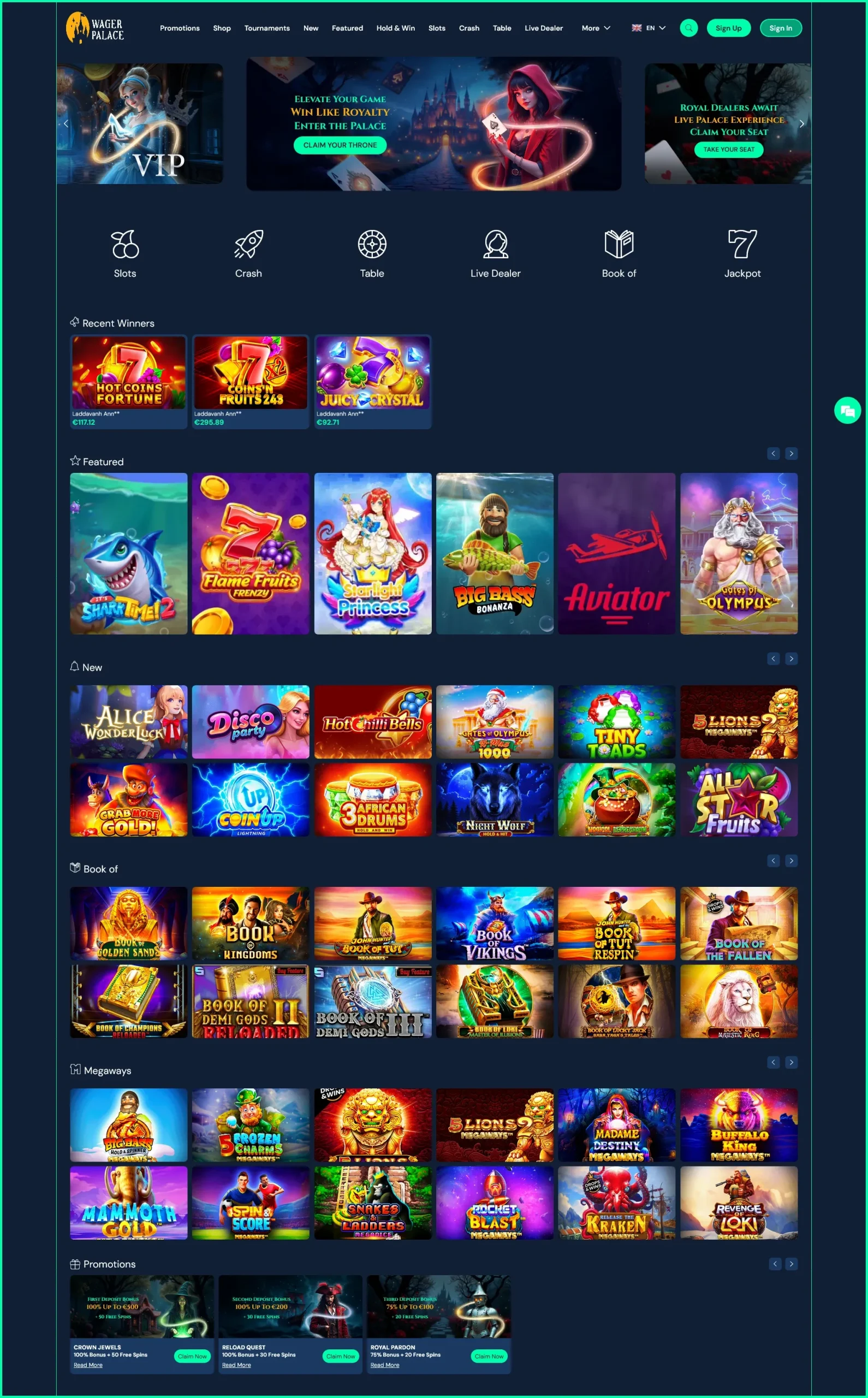 Optimised mobile version of the WagerPalace Casino website